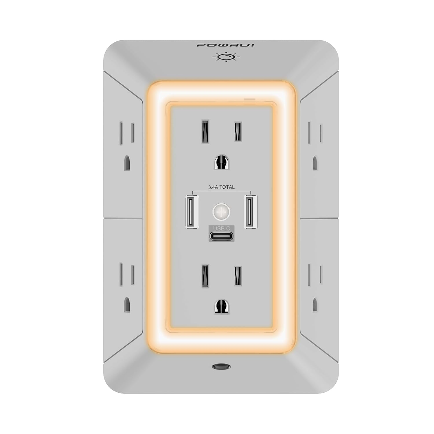 POWRUI Power Strip Surge Protector - 6 AC Outlets With 3 USB Ports (1 USB C), Night Light, 3-Sided Multi Plug Wall Extender With Spaced Outlets - Grey, ETL Listed