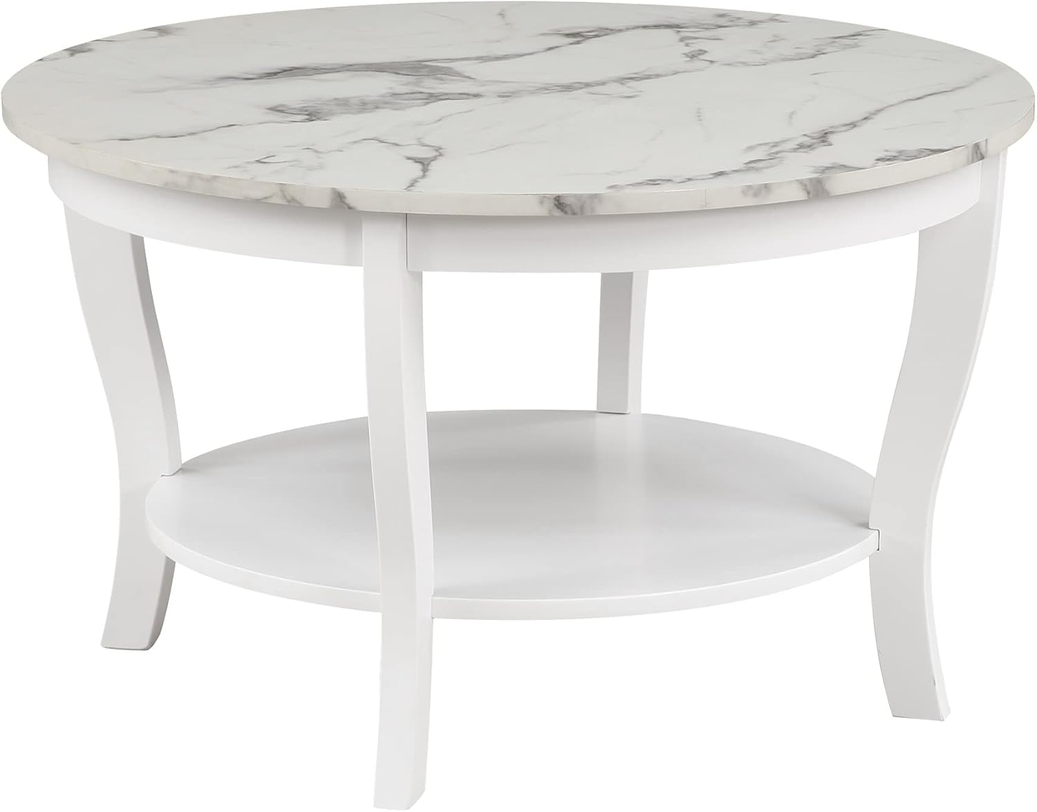 Convenience Concepts American Heritage Round Coffee Table with Shelf, White Faux Marble/White