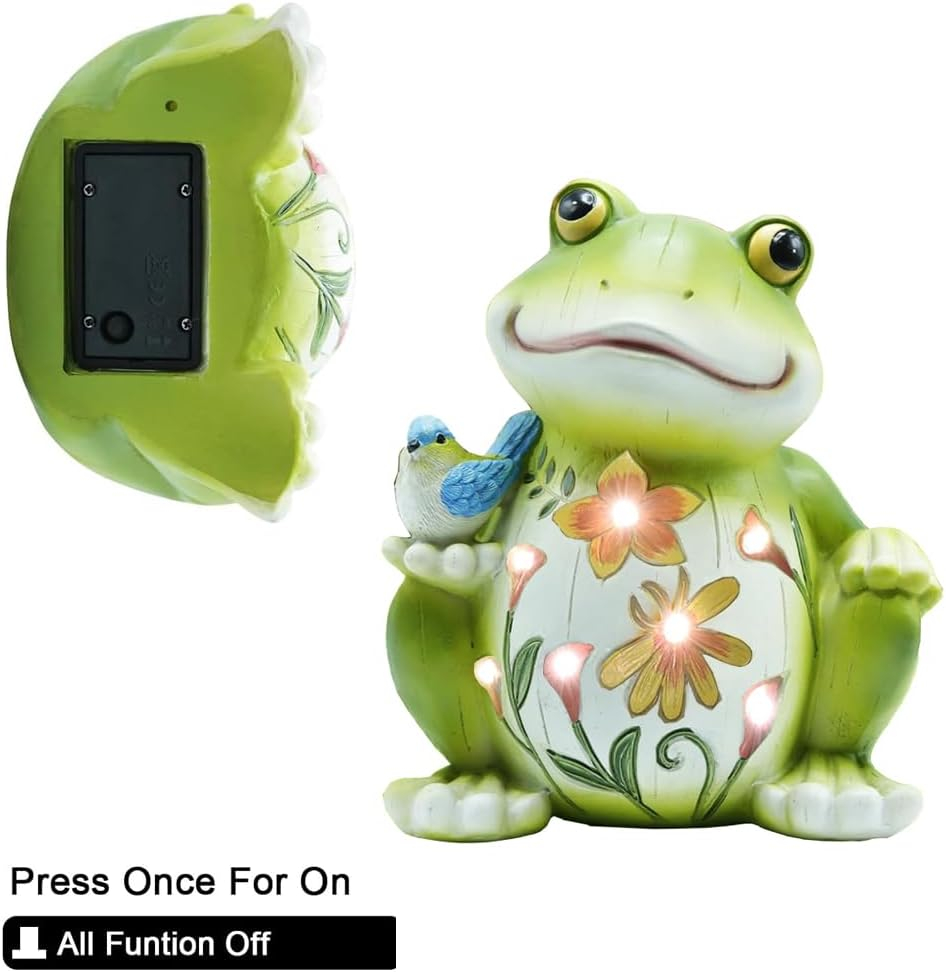 Green Resin Solar Frog Garden Statue with Bird