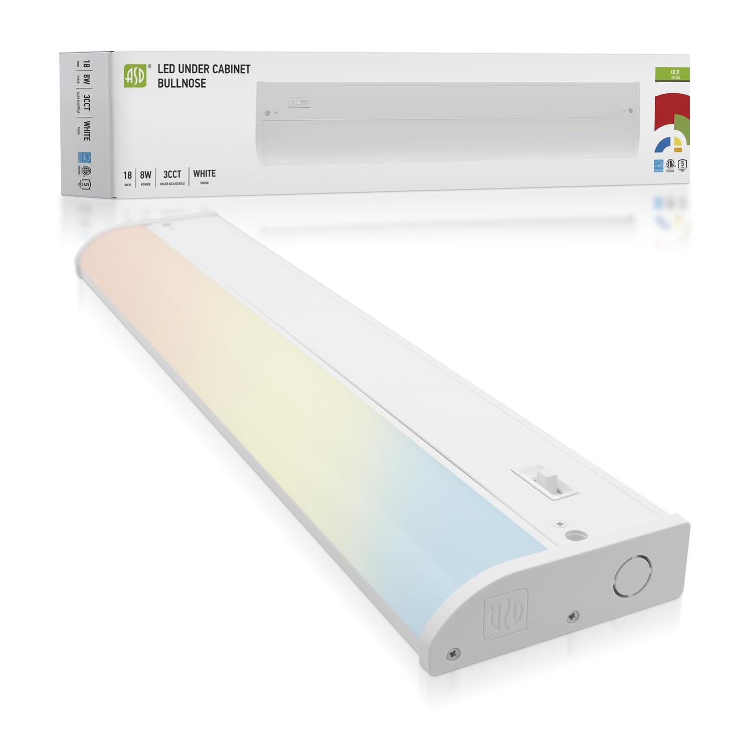 ASD LED Under Cabinet Lighting, 18 inch 8W 715 LM, Dimmable Hardwired Under Cabinet Lights for Kitchen, 3000K Soft/4000K Cool/5000K Daylight, Under Counter Light Fixtures, ETL Energy Star White Finish
