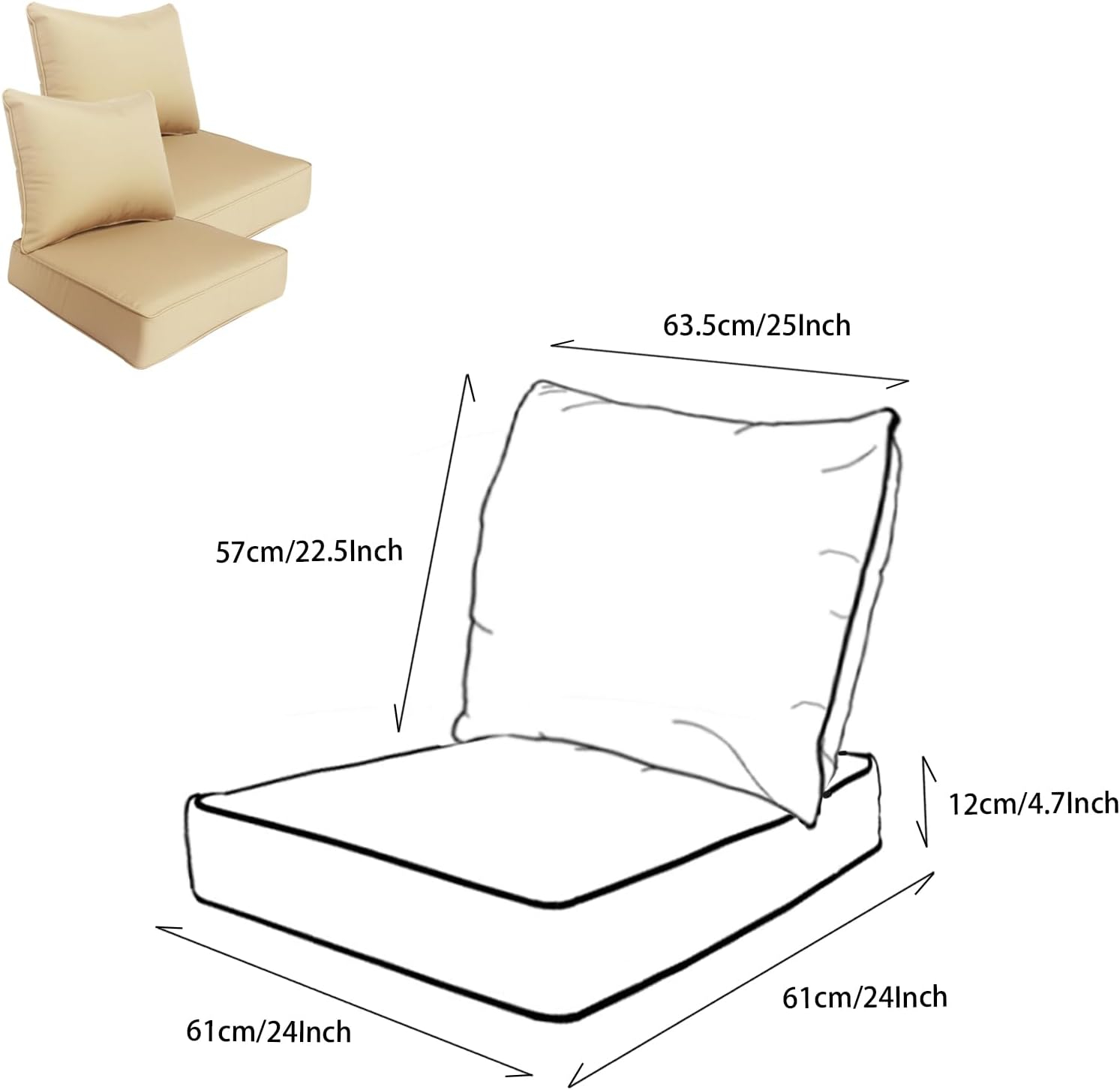 in/Outdoor Deep Beige Outdoor Deep Seat Patio Cushions 24x24 inch Patio Furniture Cushions,Fade Resistant, Deep Seat Bottom and Back Cushion for Chair, Sofa and Couch,2 Sets