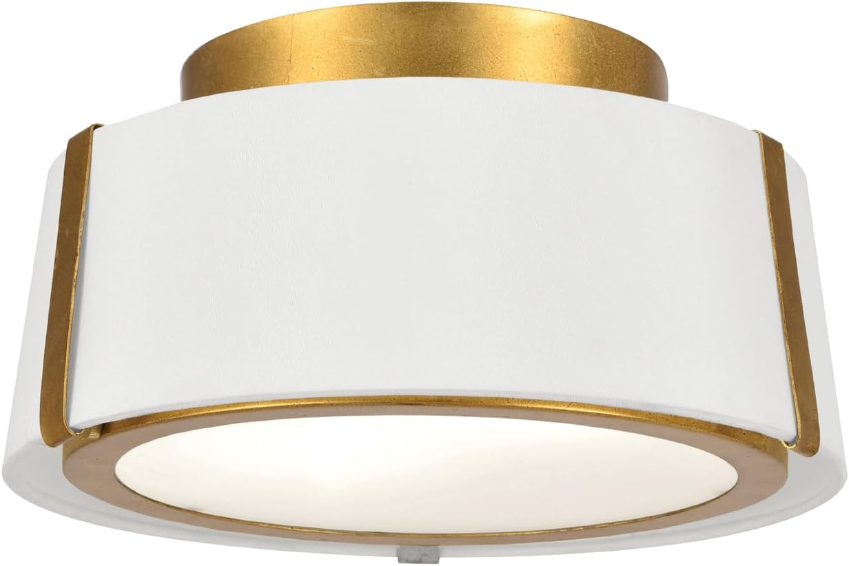 Antique Gold and White Silk Drum LED Ceiling Light