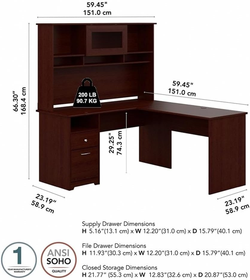 Cabot Modern 60W L Desk with Hutch, includes File Drawer and Storage Shelves in Harvest Cherry