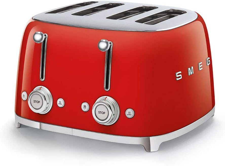 Smeg 50's Style Retro Aesthetic 4 Slice Toaster 6 Presets Extra Wide Slots Red TSF03RDUS