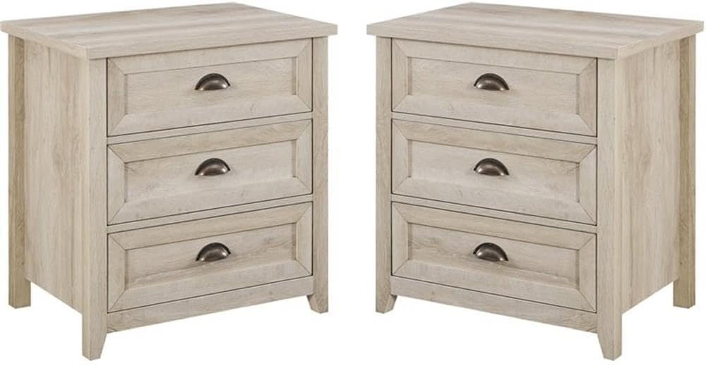 Walker Edison Farmhouse 3 Drawer Nightstand, Set of 2, White Oak