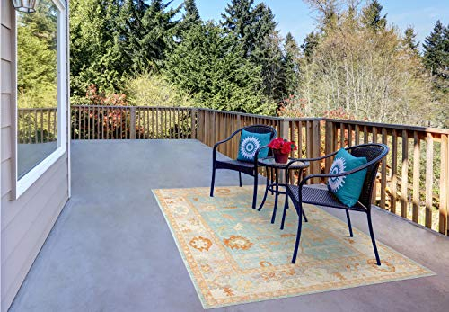 AMER Rugs Bohemian Gretna Collection, Indoor/Outdoor Aqua 9x12 Area Rug, Rugs for Living Room, Bedroom, Dining Room, Kitchen - Aqua/Beige