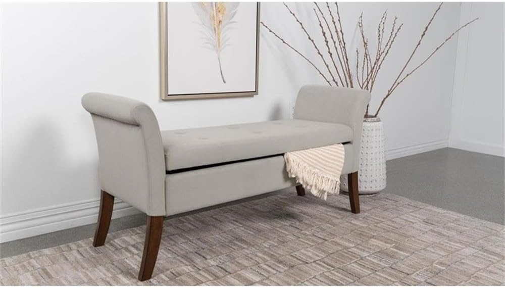 Coaster Farrah Velvet Upholstered Rolled Arms Storage Bench in Beige and Brown