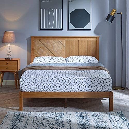 MUSEHOMEINC Solid Wood Platform Bed with Headboard for Bedroom,Wood Slat Support & No Box Spring Needed, Unique Style Design,Queen