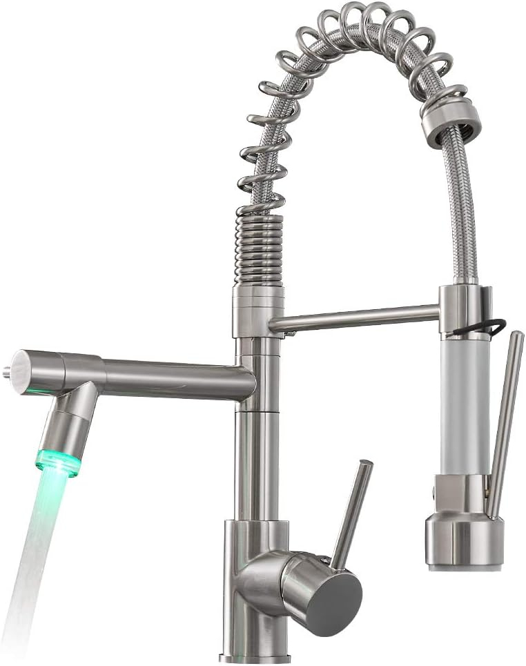 Qomolangma Commercial LED Kitchen Sink Faucet with Pull Down Sprayer, Modern Single Handle Kitchen Faucets with Light, Brushed Nickel