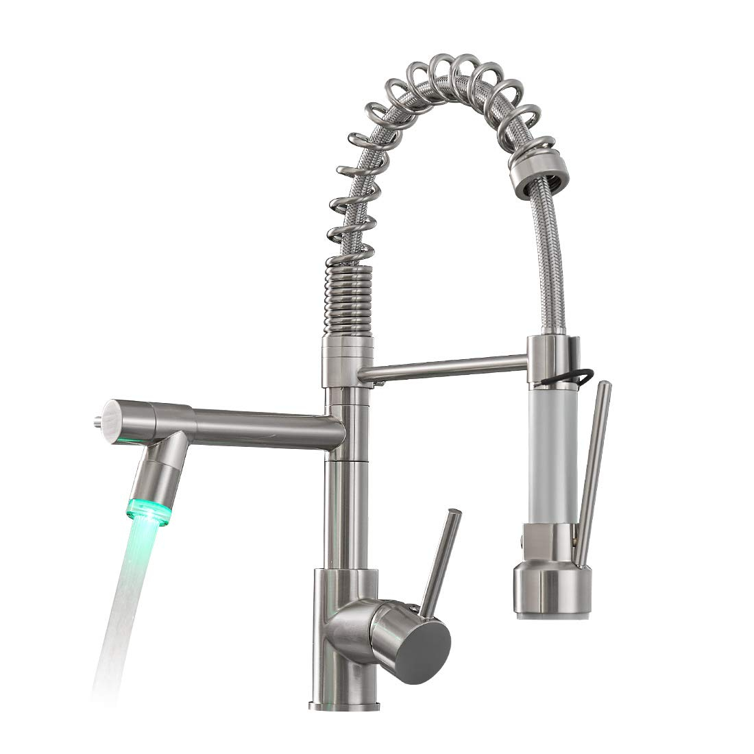 Qomolangma Commercial LED Kitchen Sink Faucet with Pull Down Sprayer, Modern Single Handle Kitchen Faucets with Light, Brushed Nickel