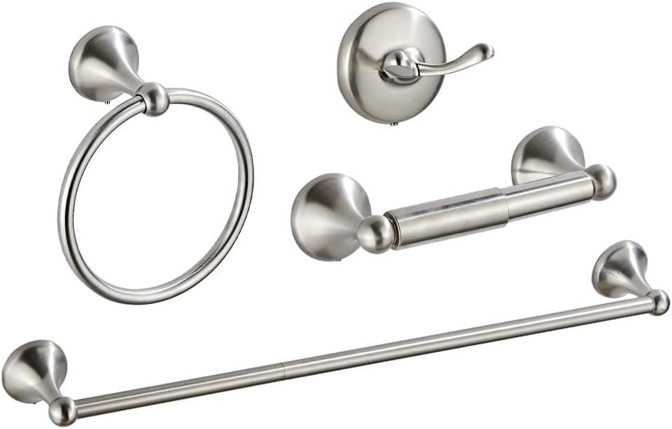 4 Piece Bathroom Accessory Set(Adjustable Towel Bar, Towel Ring, Toilet Paper Holder,Towel Hook), Wall Mounted Bathroom Hardware Accessories Set,Brushed Nickel