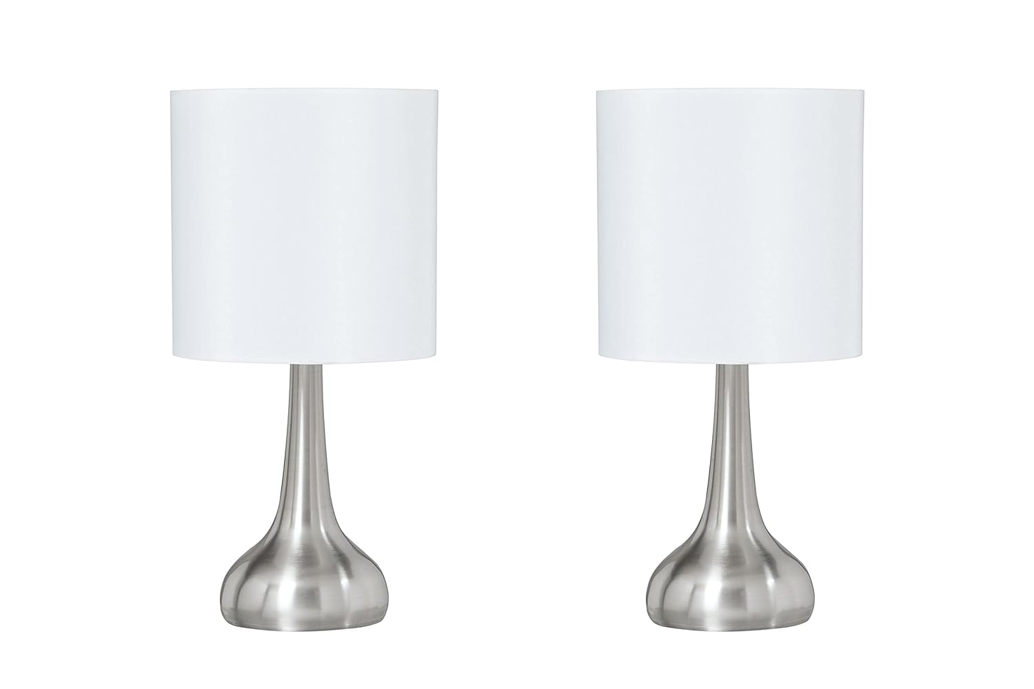 Aspen Creative 40231-12, Two Pack - 14-1/2" High Transitional Metal Table Lamp, Satin Nickel Finish and Drum Shaped Lamp Shade in Off White, 7" Wide