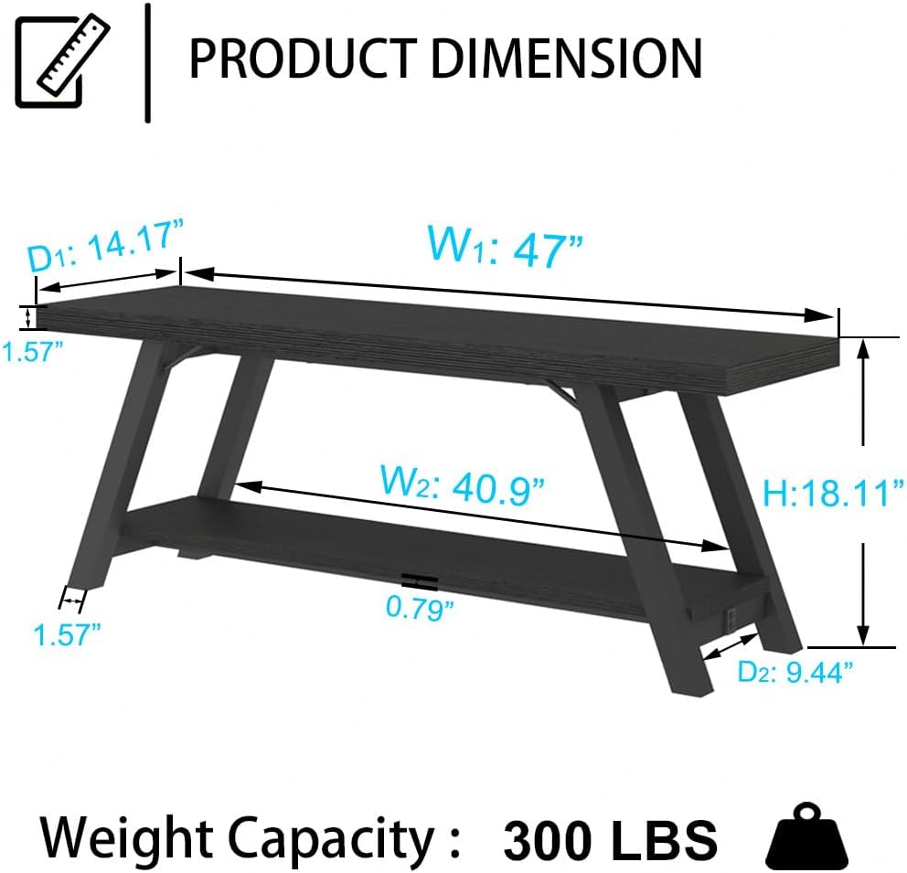 LVB Black Bench, Modern Storage Bench for Bedroom, Wood Metal Entryway Bench for Hallway Dining Living Room, Famrhouse Shoe Rack Indoor Accent Seating Benchs for Foyer Entrance, Black Oak 47 Inch Long
