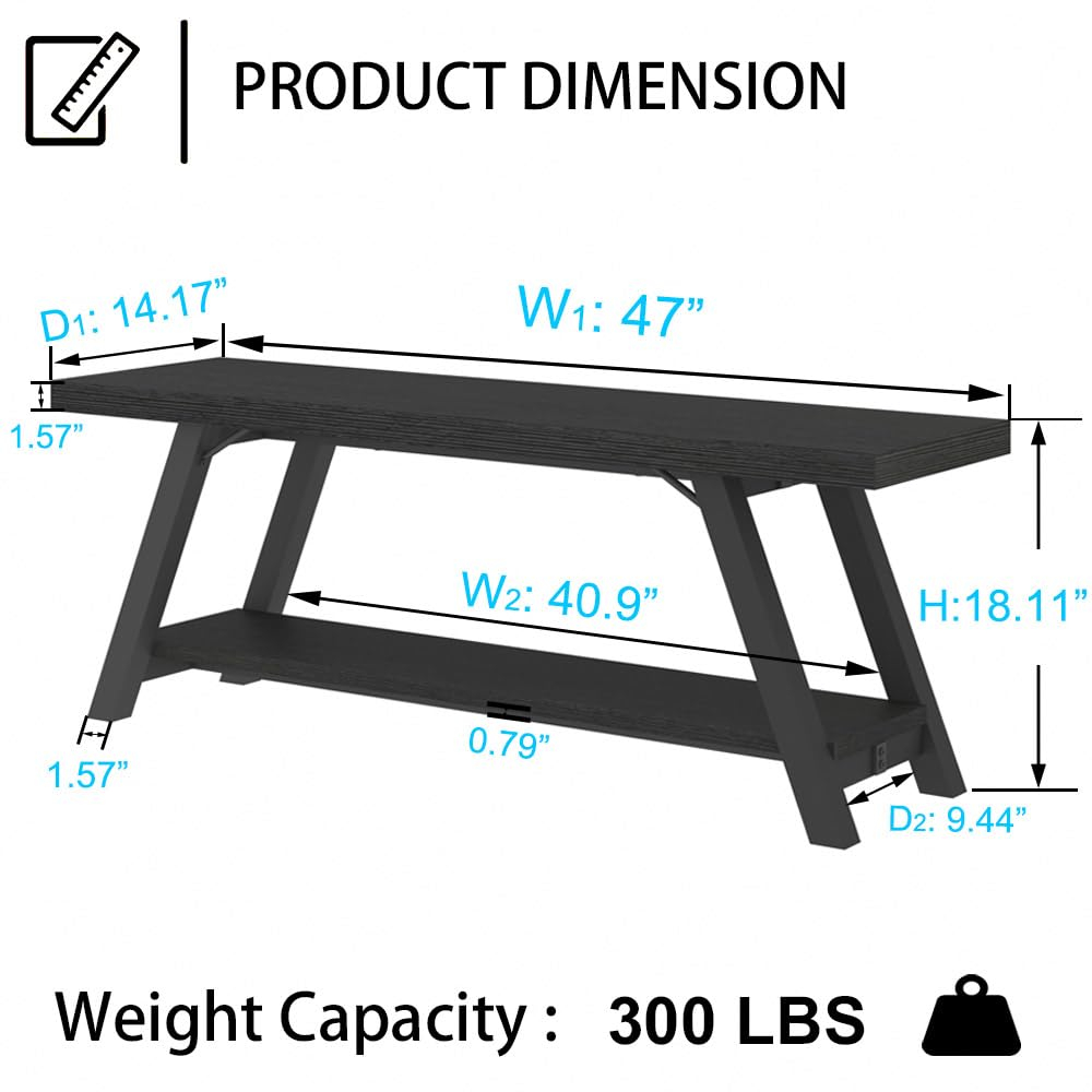 LVB Black Bench, Modern Storage Bench for Bedroom, Wood Metal Entryway Bench for Hallway Dining Living Room, Famrhouse Shoe Rack Indoor Accent Seating Benchs for Foyer Entrance, Black Oak 47 Inch Long