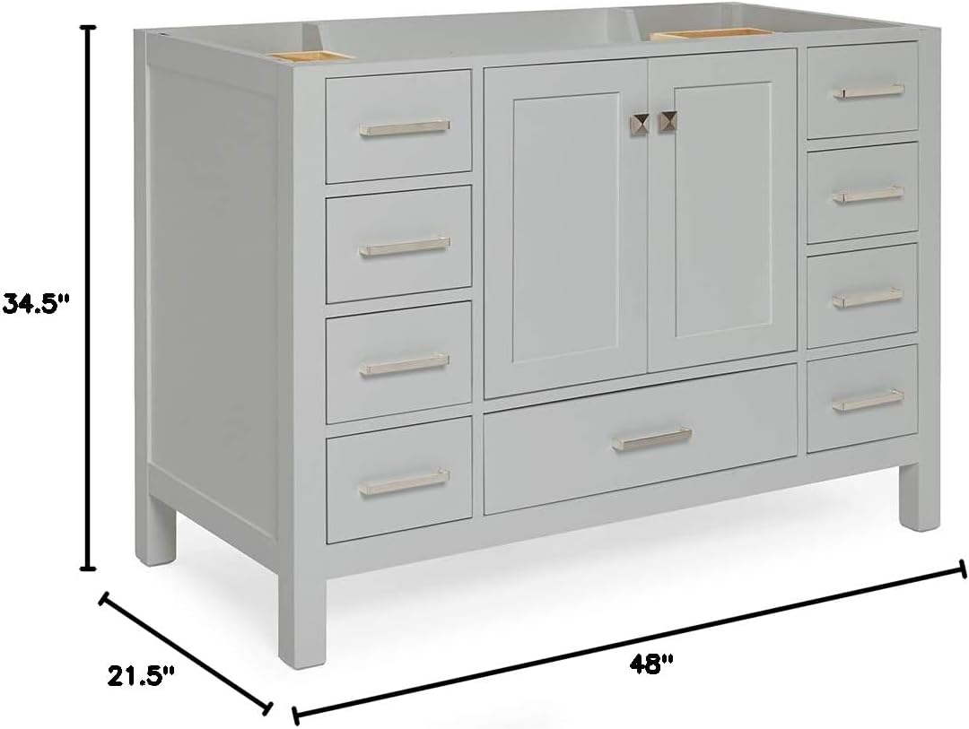 ARIEL 48" Grey Bathroom Vanity Base Cabinet, Single Sink Configuration, 2 Soft Closing Doors, 9 Full Extension Dovetail Drawers, Brushed Nickel