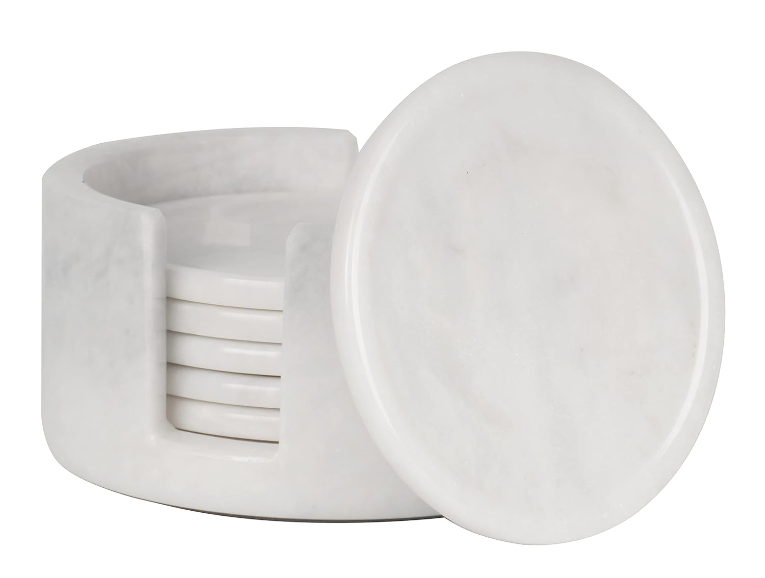 Radicaln White Marble Drink Coasters with Holder – 3.5" Round Handmade Coasters Set of 6 for Kitchen Table, Coffee Table, Bar, Home and Office Décor