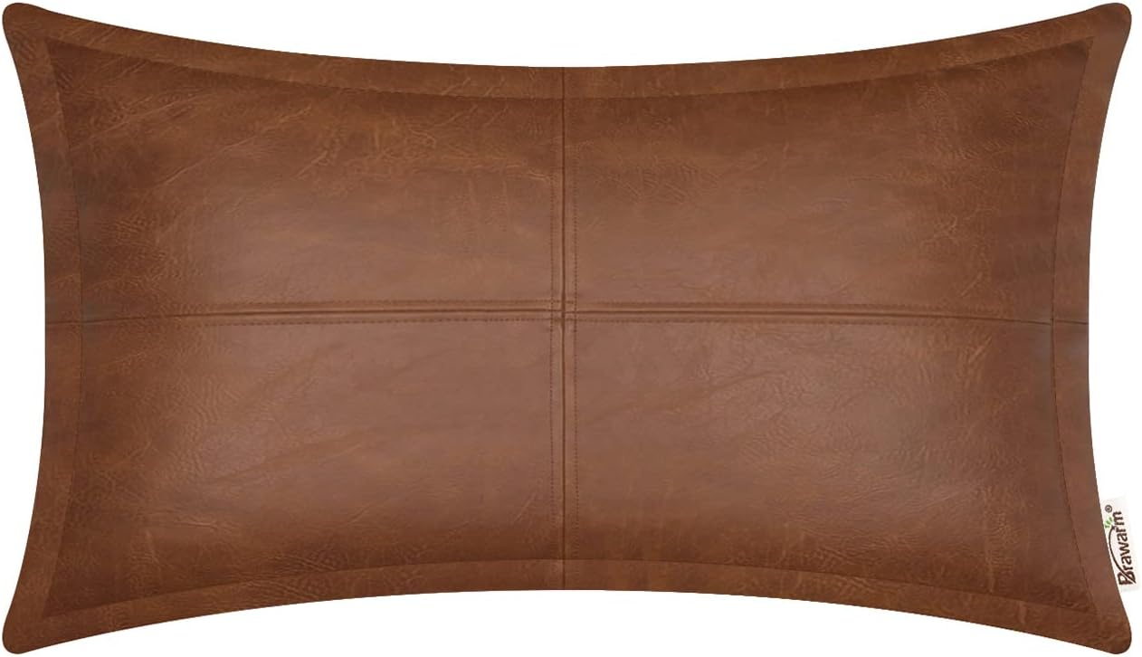 BRAWARM Dark Brown Leather Throw Pillow 12 X 20 Inches, Faux Leather Pillow Cover with Piping, Hand Stitched Leather Decorative Lumbar Throw Pillow Covers for Couch Sofa Bed Living Room Garden