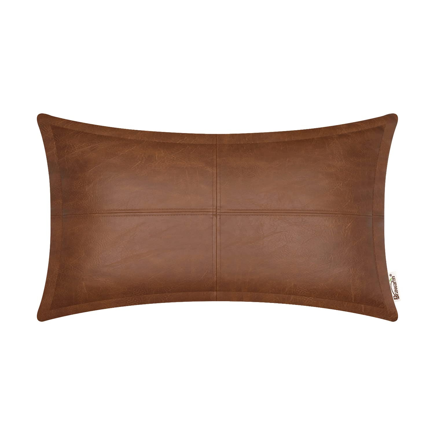 BRAWARM Dark Brown Leather Throw Pillow 12 X 20 Inches, Faux Leather Pillow Cover with Piping, Hand Stitched Leather Decorative Lumbar Throw Pillow Covers for Couch Sofa Bed Living Room Garden