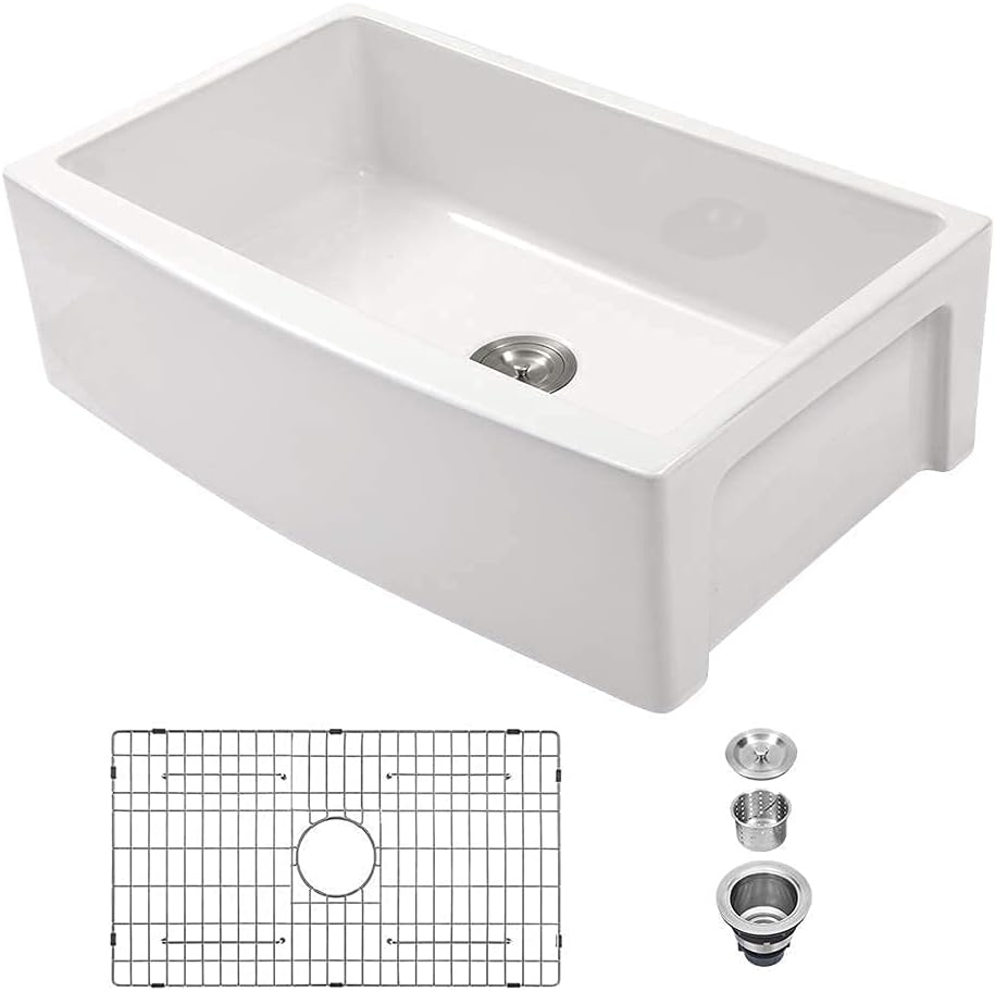 Sarlai 30 Farmhouse Sink White - 30 Inch Kitchen Sink Curved Apron Front White Fireclay Ceramic Porcelain Single Bowl Farm Kitchen Sinks