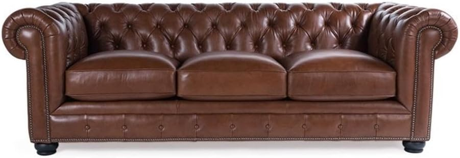 Bowery Hill 95"W Traditional Leather Tufted Back Chesterfield Sofa in Chestnut