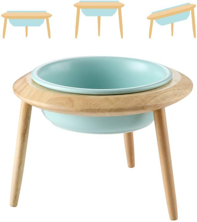 LIONWEI LIONWELI Blue Ceramic Adjustable Elevated Raised Pet Bowl with Wood Stand for Cats and Dogs No Spill Pet Food Water Feeder (3 Installation Methods for Different Height) Large