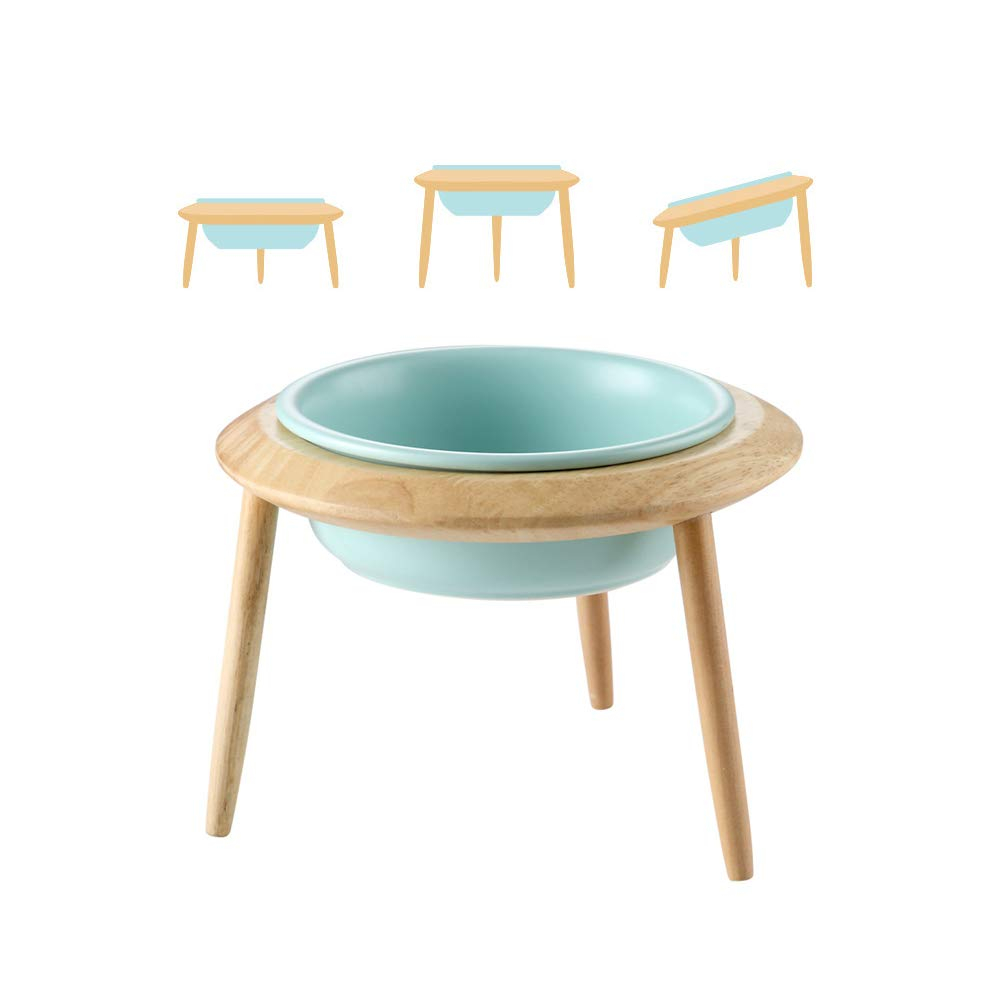 LIONWEI LIONWELI Blue Ceramic Adjustable Elevated Raised Pet Bowl with Wood Stand for Cats and Dogs No Spill Pet Food Water Feeder (3 Installation Methods for Different Height) Large