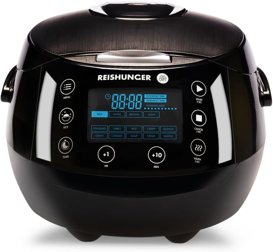 Reishunger Digital Rice Cooker and Steamer, Black, Timer - 8 Cups - Premium Inner Pot, Multi Cooker with 12 Programs & 7-Phase Technology for Brown Rice, Soups, Grains, Oatmeal & more - 1-8 People