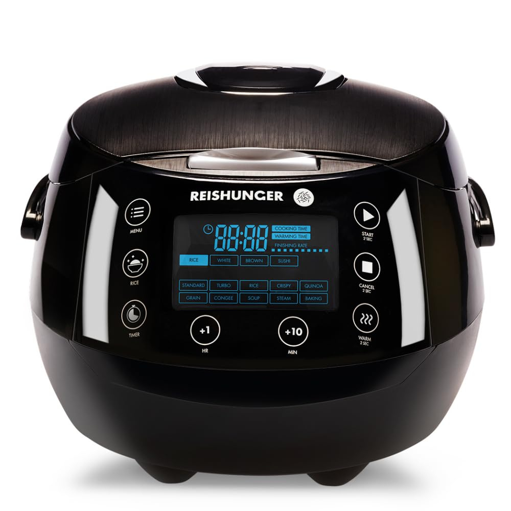 Reishunger Digital Rice Cooker and Steamer, Black, Timer - 8 Cups - Premium Inner Pot, Multi Cooker with 12 Programs & 7-Phase Technology for Brown Rice, Soups, Grains, Oatmeal & more - 1-8 People
