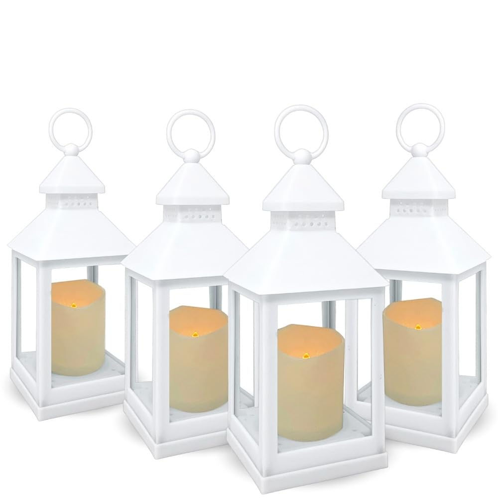 Decorative White Lanterns - Set of 4 - 4 Hour Timer - Remote – 9 3/8"H White LED Lanterns with Flameless Pillar Candles Included - Indoor/Outdoor Lantern Set- Hanging or Sitting Decoration - 9634-4W