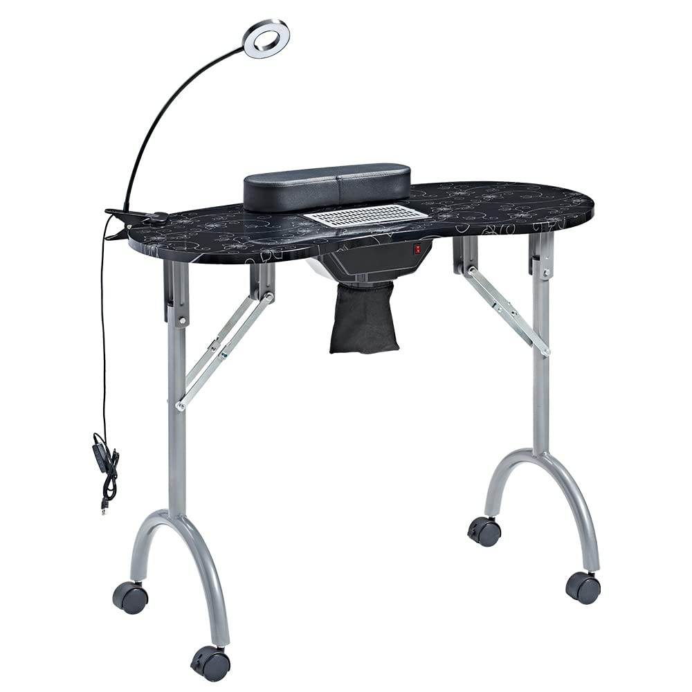 Nail Desk Portable Manicure Table, Professional Nail Table with USB-plug LED Table Lamp, Sponge Pillow, Electric Dust Collector, Carrying Bag, Black