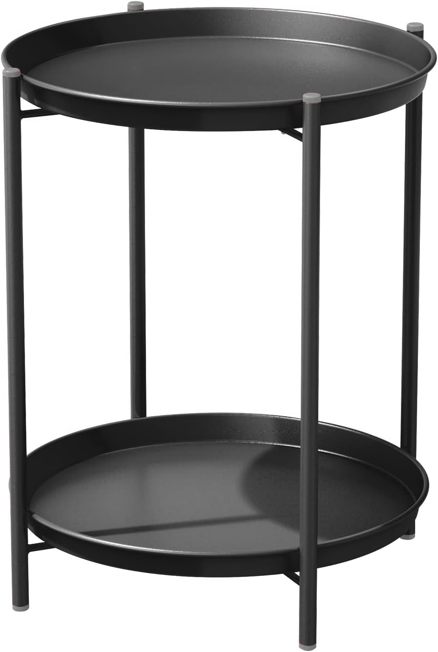 Grand patio Outdoor Side Table, 2-Tier Metal Round End Table, Black