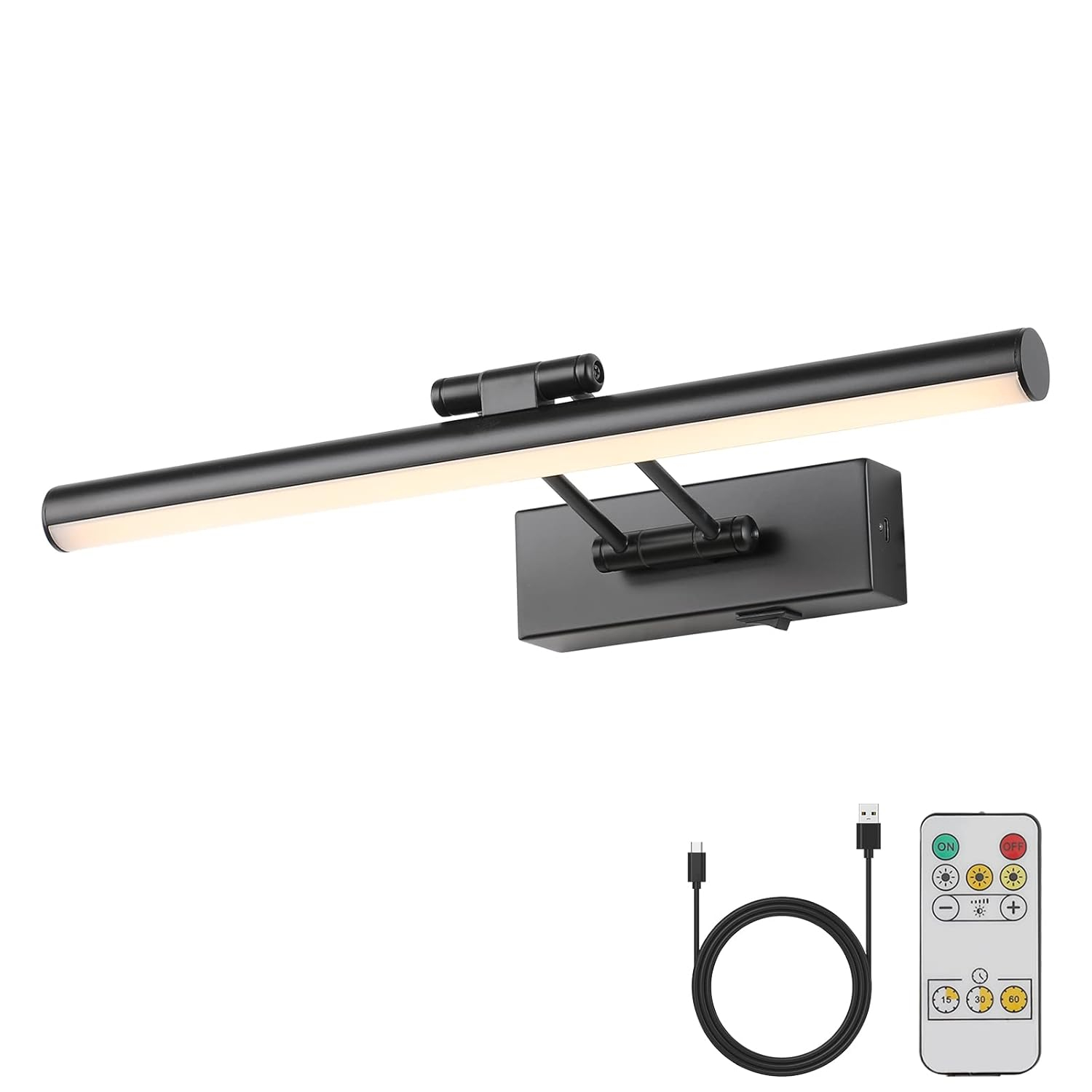 JUSHENG Dimmable Black Picture Light Battery Operated 16'' Inch, Rechargeable Gallery Light with Swing Arm and Timer Function, Full Metal Wireless Painting Lights for Display, Artwork, Canvas