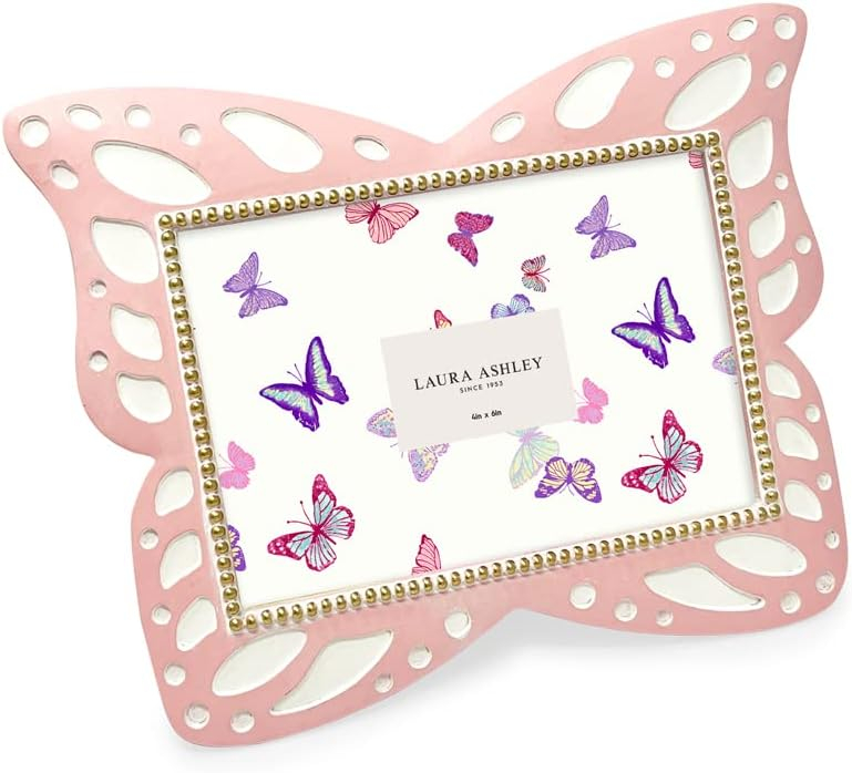Laura Ashley 4x6 Horizontal Pink Resin Butterfly Picture Frame with Dotted Edges, Photo Frame with Black Fabric Easel, Made for Tabletop & Wall-Hanging Display (6x4, Pink)
