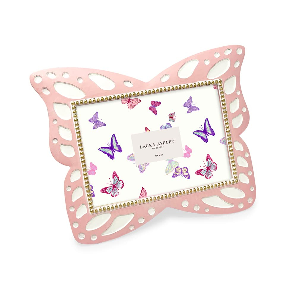 Laura Ashley 4x6 Horizontal Pink Resin Butterfly Picture Frame with Dotted Edges, Photo Frame with Black Fabric Easel, Made for Tabletop & Wall-Hanging Display (6x4, Pink)