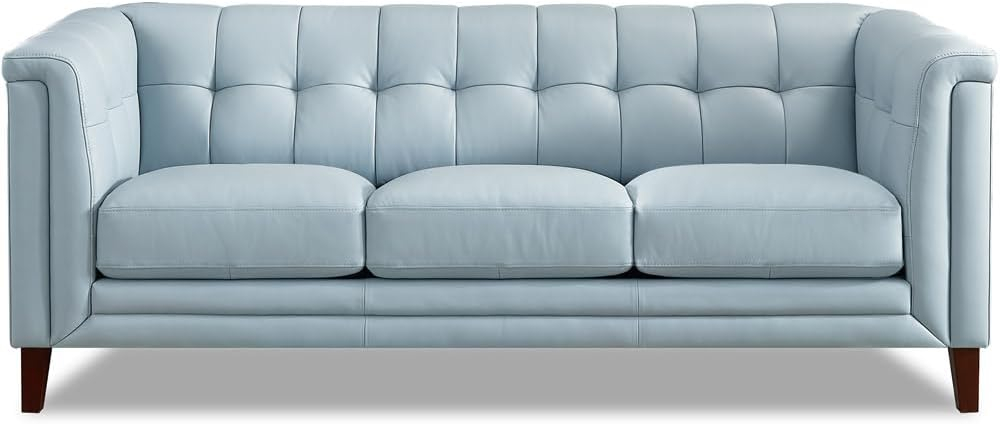 Arvo 84" Silver Gray Tufted Leather Sofa with Wood Legs