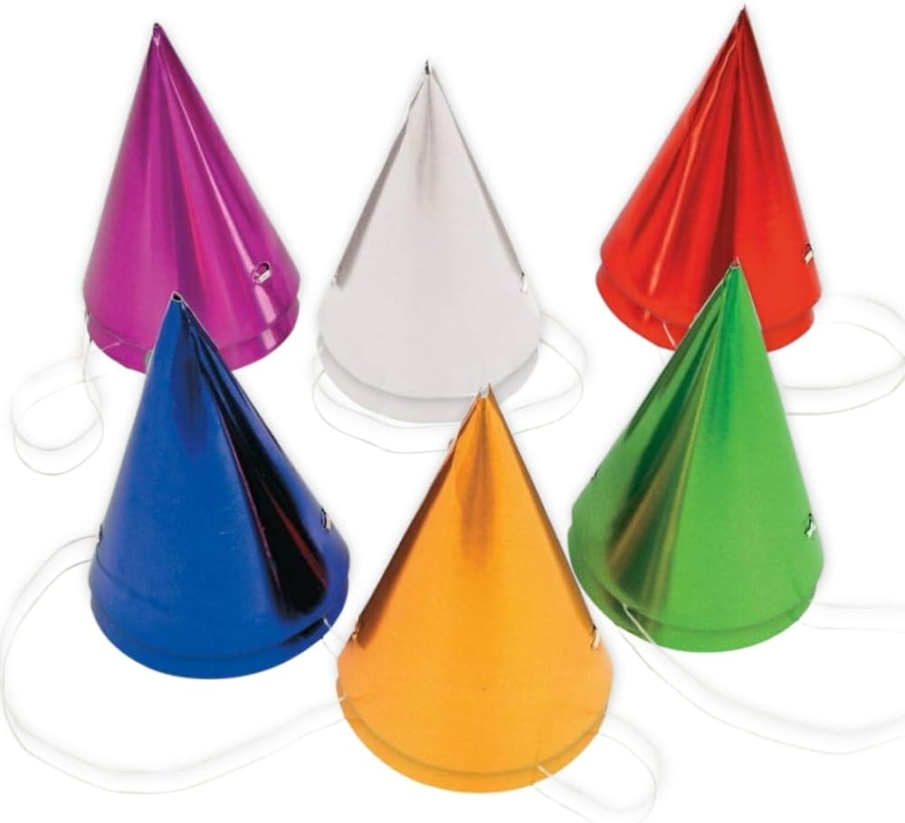 Assorted Metallic Cone Party Hats with Elastic Bands