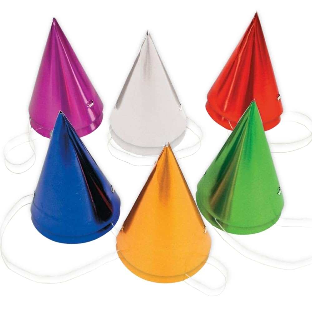 Assorted Metallic Cone Party Hats with Elastic Bands