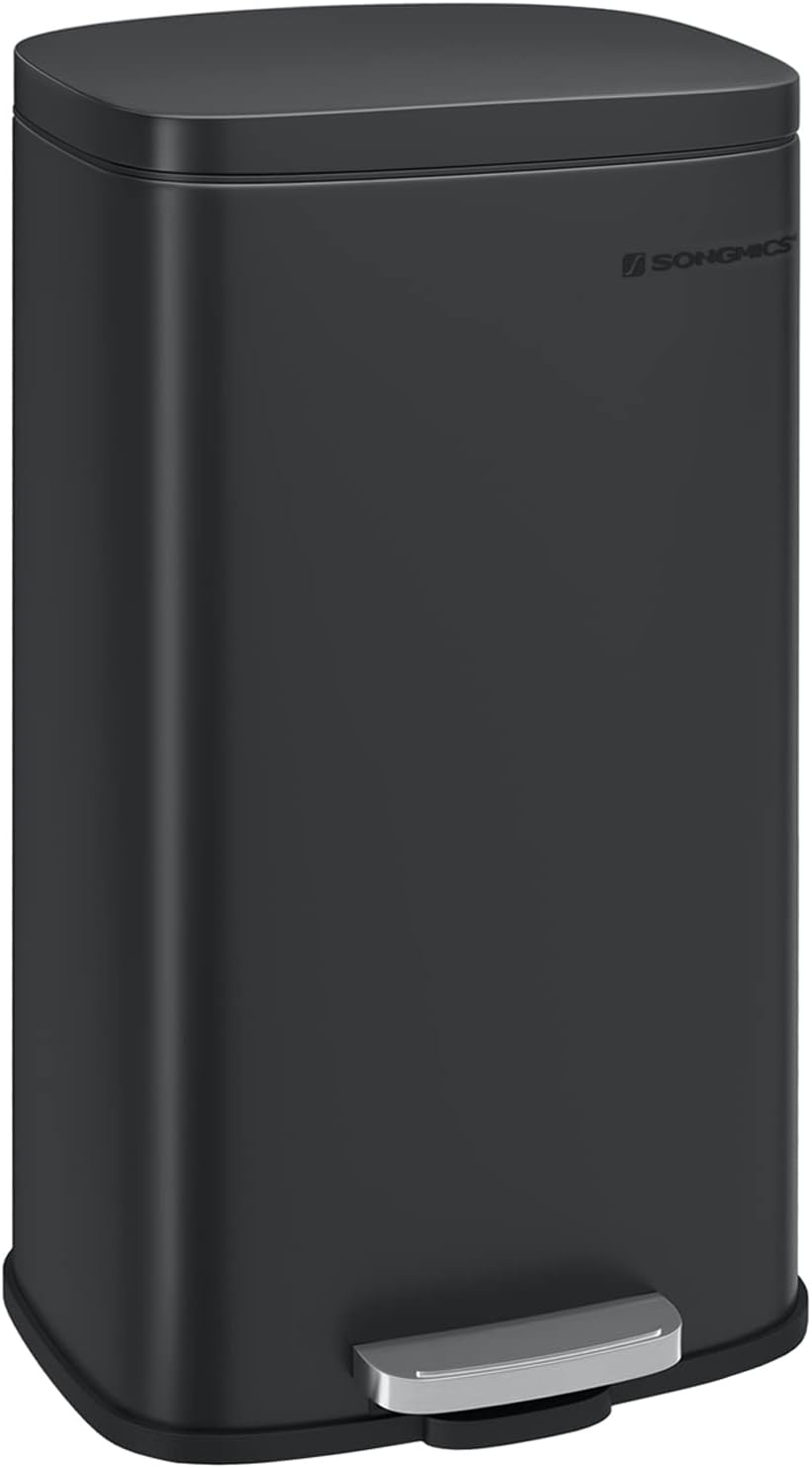 SONGMICS Trash Can with Lid, 8 Gallon Garbage Can, Stainless Steel Small Waste Bin with Step Pedal and Inner Bucket, Soft Close, Kitchen, Black ULTB102B01