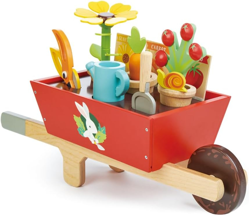 Deluxe Wooden Garden Wheelbarrow Set with Colorful Accessories