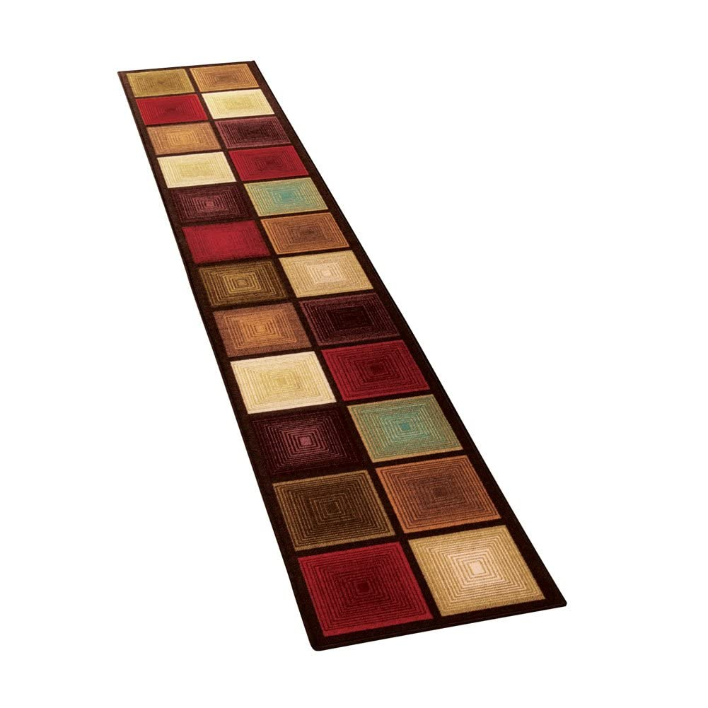 Collections Etc Optic Squares Runner Rug in Deep, Rich Hues - Skid-Resistant Backing Perfect for Hallway, 20" X 90"