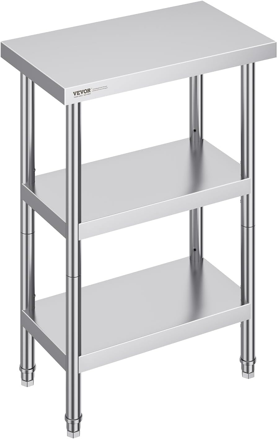 VEVOR Stainless Steel Food Prep Table, 14 x 24 x 34 Inch Commercial Food Prep Worktable Heavy Duty Prep Worktable, Metal Work Table with Adjustable Height for BBQ, Kitchen, Home, and Garage