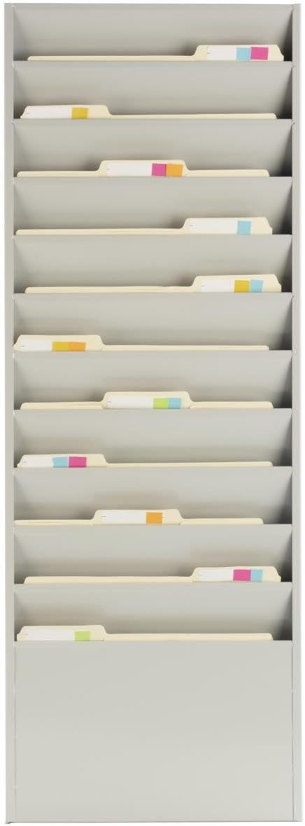 Office File Folder Wall Rack, 11 Tiered Pockets, Medical Chart Folders (Gray, Powder Coated Steel) (JMFF11PTY)