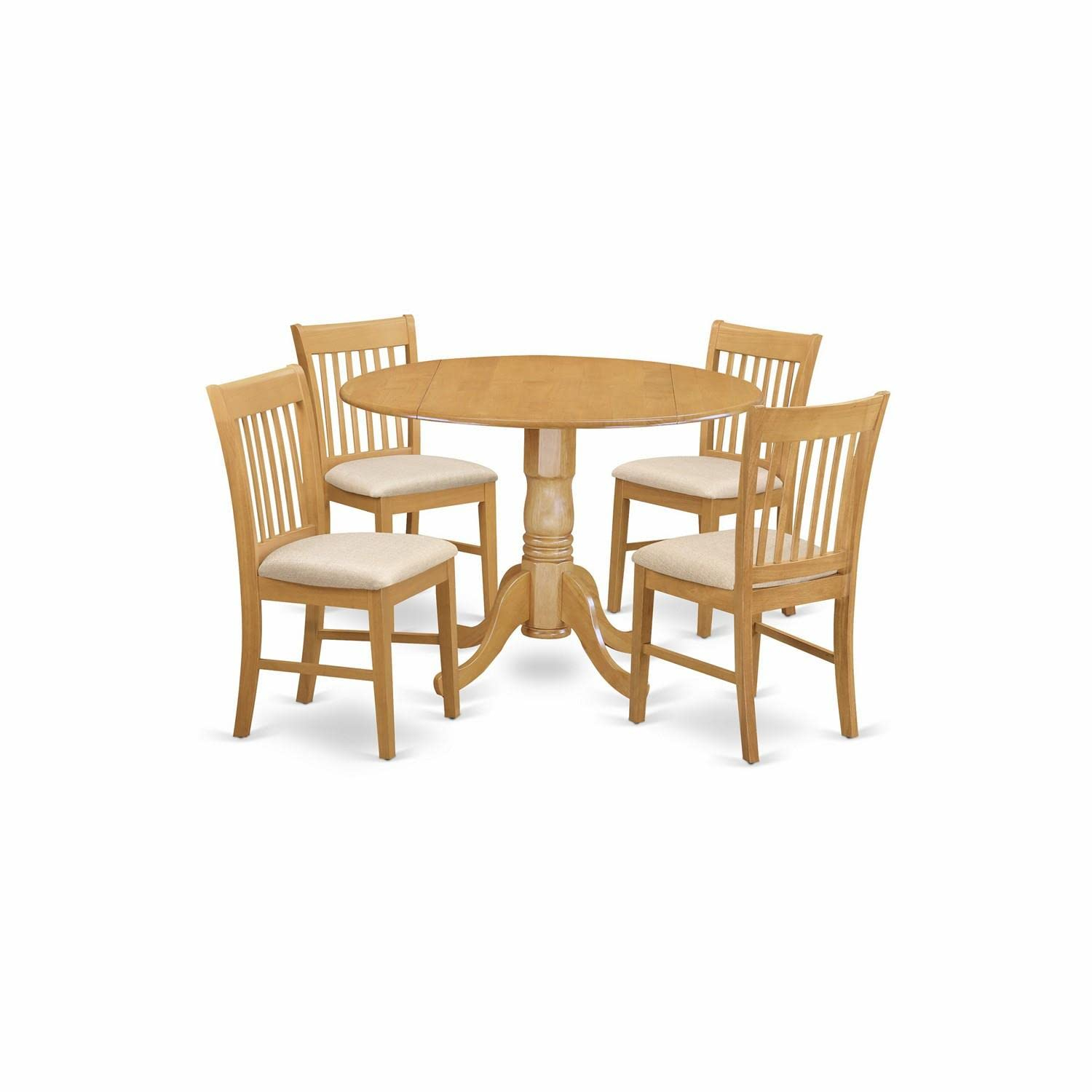 Oak 5-Piece Round Drop Leaf Dining Set with Linen Upholstered Chairs
