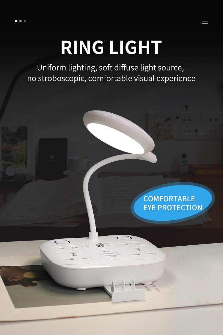 LED Desk Lamp, Adjustable Table Light with Remote Control, Eye-Caring Dimmable Office Lamp with 2 USB Charging Ports, 4 AC Power Outlets, Phone Stand, Multi Brightness Levels (White)