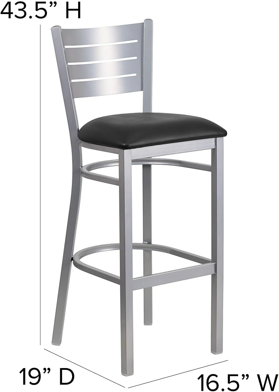 Flash Furniture 2 Pack HERCULES Series Silver Slat Back Metal Restaurant Barstool - Black Vinyl Seat