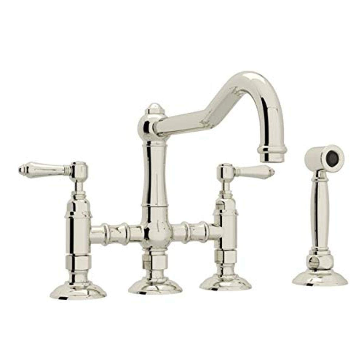 Rohl Italian Kitchen Acqui Three Leg Bridge Faucet With Metal Levers Sidespray And 9" Reach Column Spout In Polished Nickel