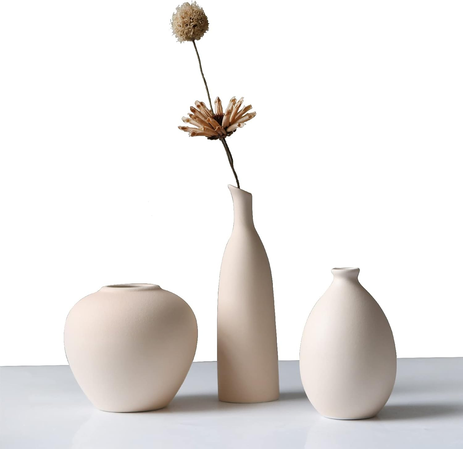 Abbittar Ceramic Vase Set of 3, Minimalist Flower Vase for Rustic, Modern Farmhouse, Living Room, Shelf, Table, Bookshelf, Mantel and Entryway Decor - Beige