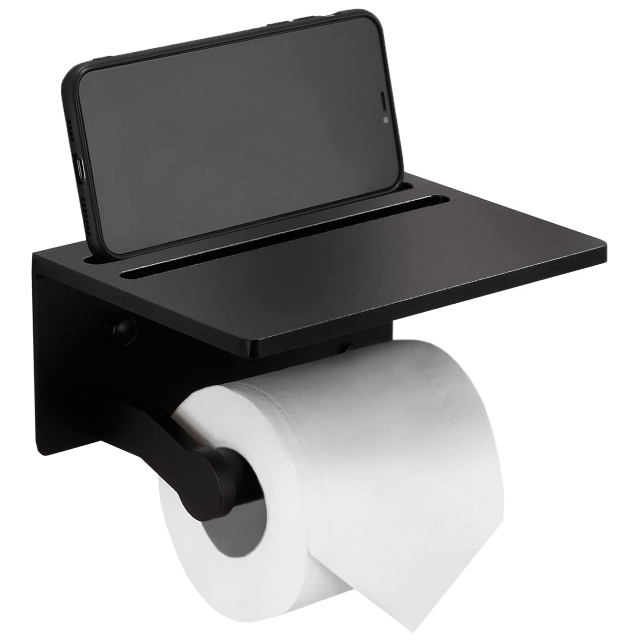 Toilet Paper Holder with Shelf, Black Anti-Rust Aluminum Tissue Roll Holder with Mobile Phone Storage Shelf for Bathroom, 3M Self Adhesive No Drilling or Wall Mounted with Screws