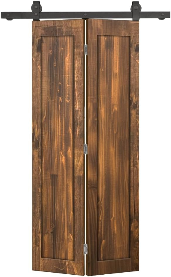 26 in. x 80 in. 1 Panel Shaker Hollow Core Walnut Pine Wood Bi-Fold Door with Sliding Barn Door Hardware Kit