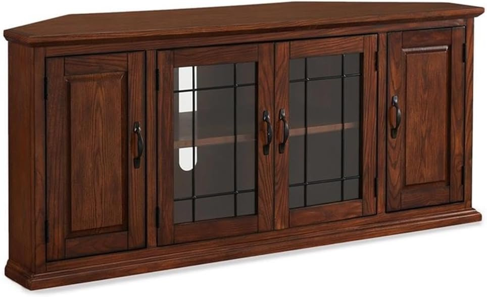 Leick Home 80386 Leaded Glass Corner TV Stand with Enclosed Storage For 60" TV's, Burnished Oak
